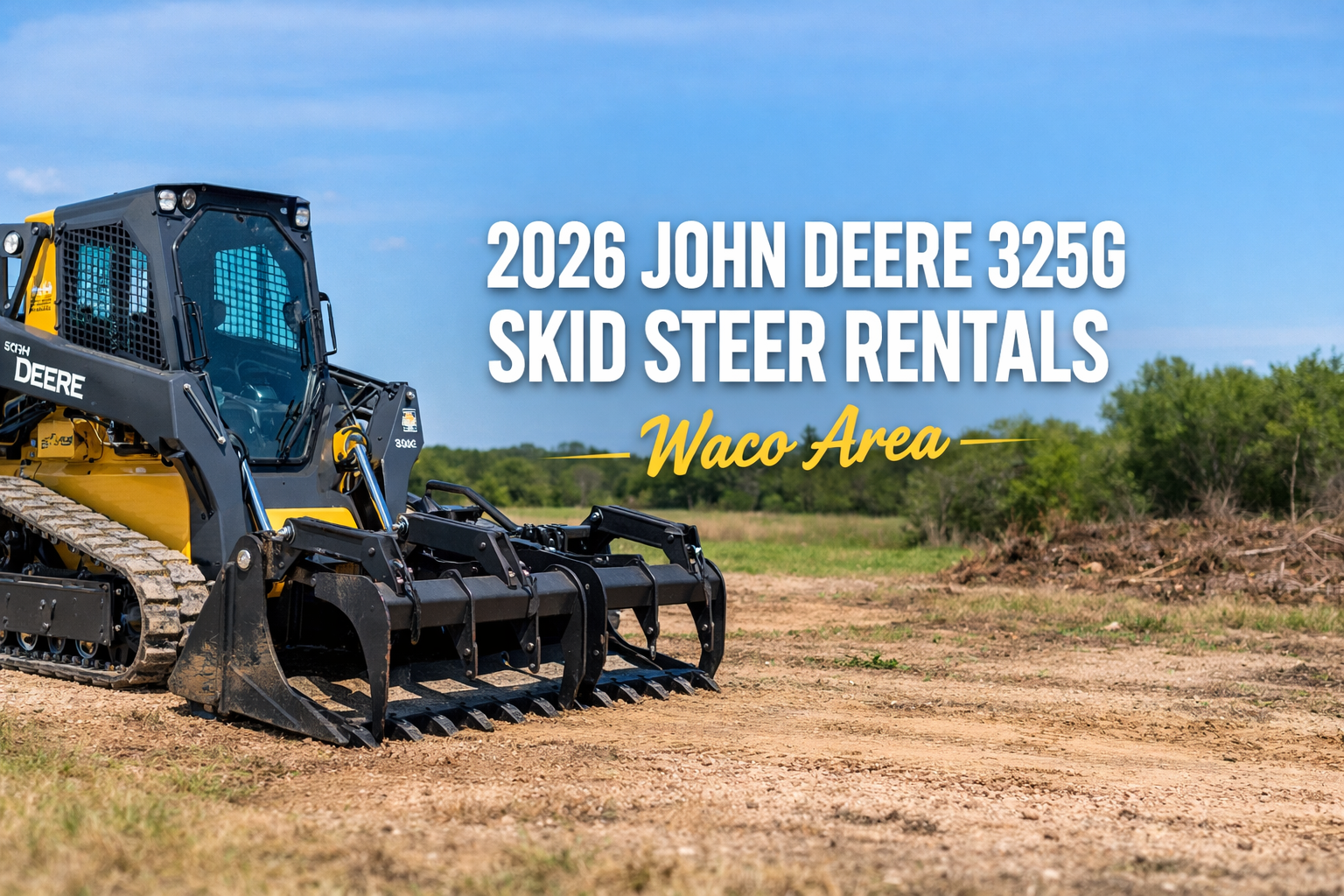 2026 John Deere 325G compact track loader with grapple in a Texas field near Waco. 2026 John Deere 325G skid steer rentals, Waco Area.
